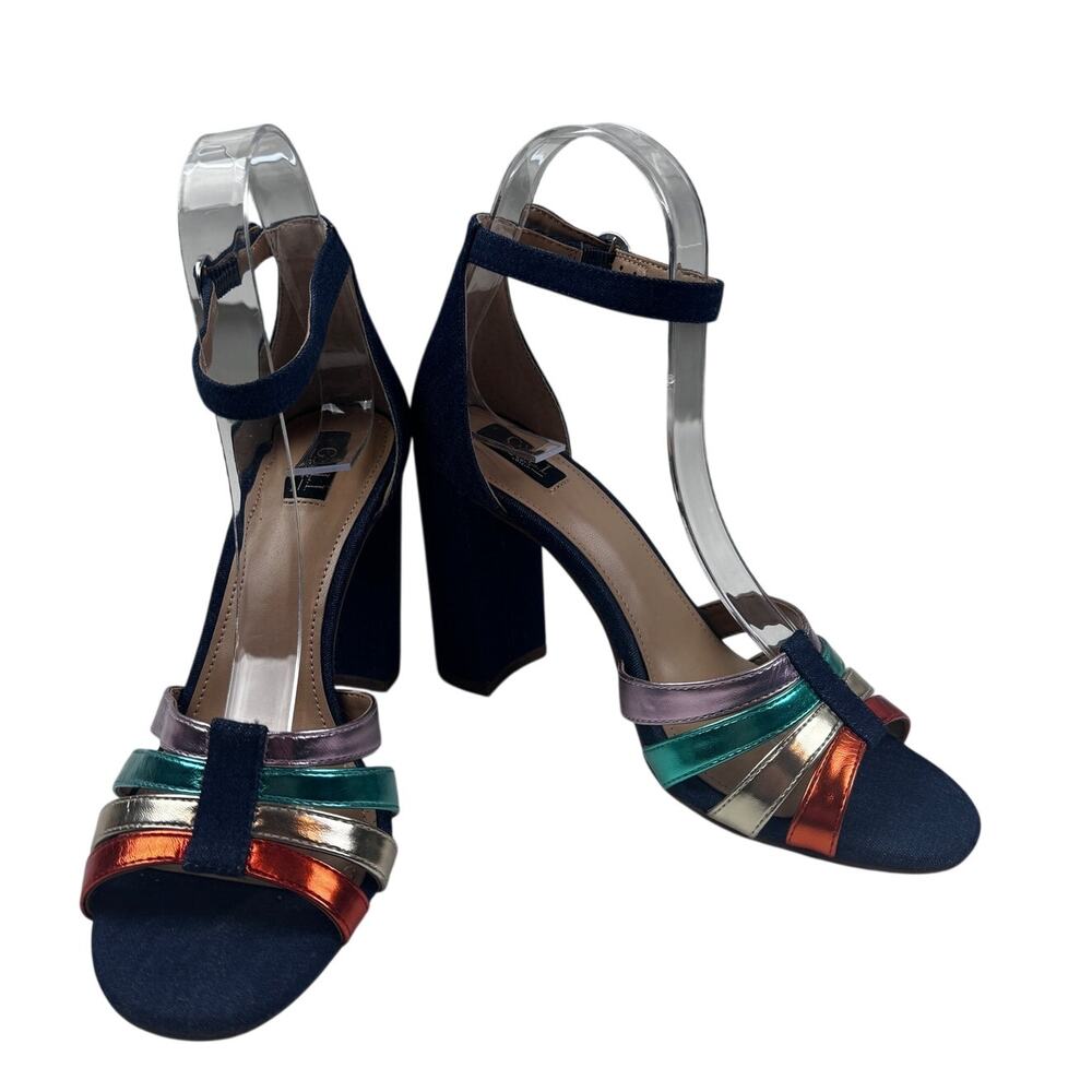 G.I.L.I. Malin Denim Disco Rainbow Metallic Block Strappy Heels Women's Size 7